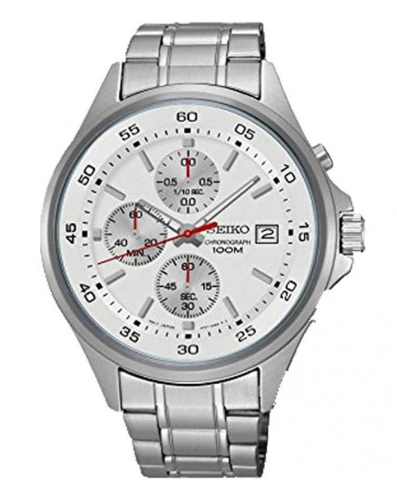 Seiko Chronograaf. Edelstalen band en kast. Zilverkleurige wijzerplaat met datumweergave.